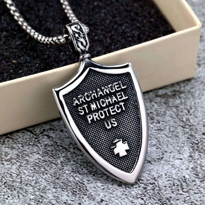 Vintage Stainless Steel Men's Shield St. Michael Angel Pendant Necklace