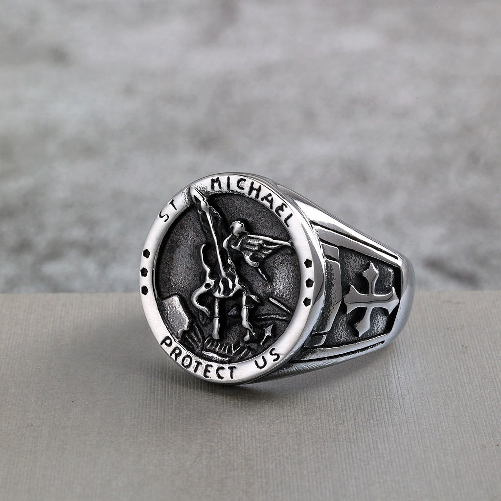 Vintage Solid Stainless Steel Archangel Saint Michael Dragon Slayer Round Signet Ring for Men