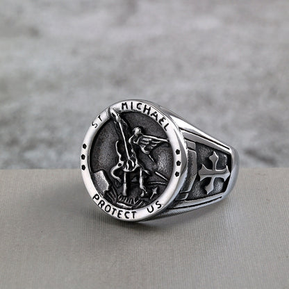 Vintage Solid Stainless Steel Archangel Saint Michael Dragon Slayer Round Signet Ring for Men
