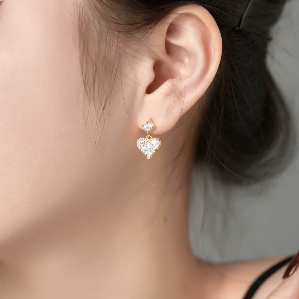 Women's Dangle Earrings, Clear Heart‑Shape Zirconia with Round Zirconia Accent, S925 with 18K Gold Plating
