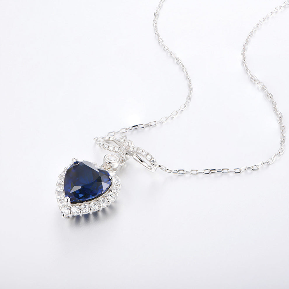 Women's Bow-knot Heart Blue Sapphire Pendant with Worldwide Setting Full Diamond