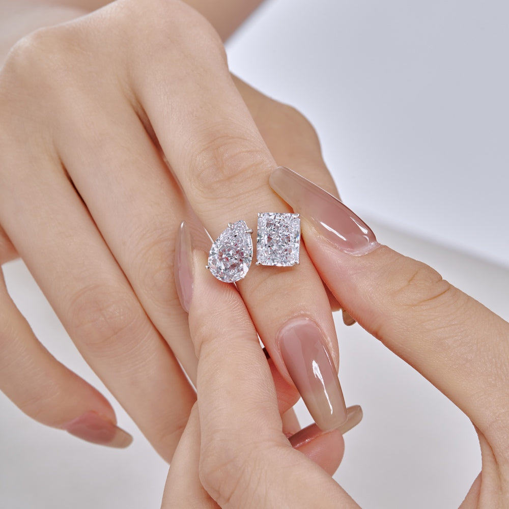 Women's Adjustable Double Main Stone Ring, Radiant Ice‑Flower Cut Rectangular Drop Zirconia, S925 with White Gold Plating