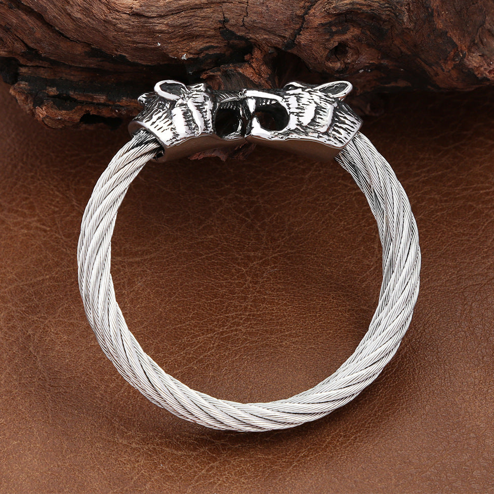 Viking Mythology Double Layer Solid Stainless Steel Open Adjustable Cuff Bracelet for Men Wrist Jewelry