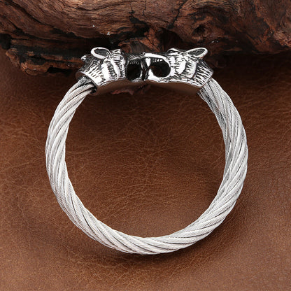 Viking Mythology Double Layer Solid Stainless Steel Open Adjustable Cuff Bracelet for Men Wrist Jewelry