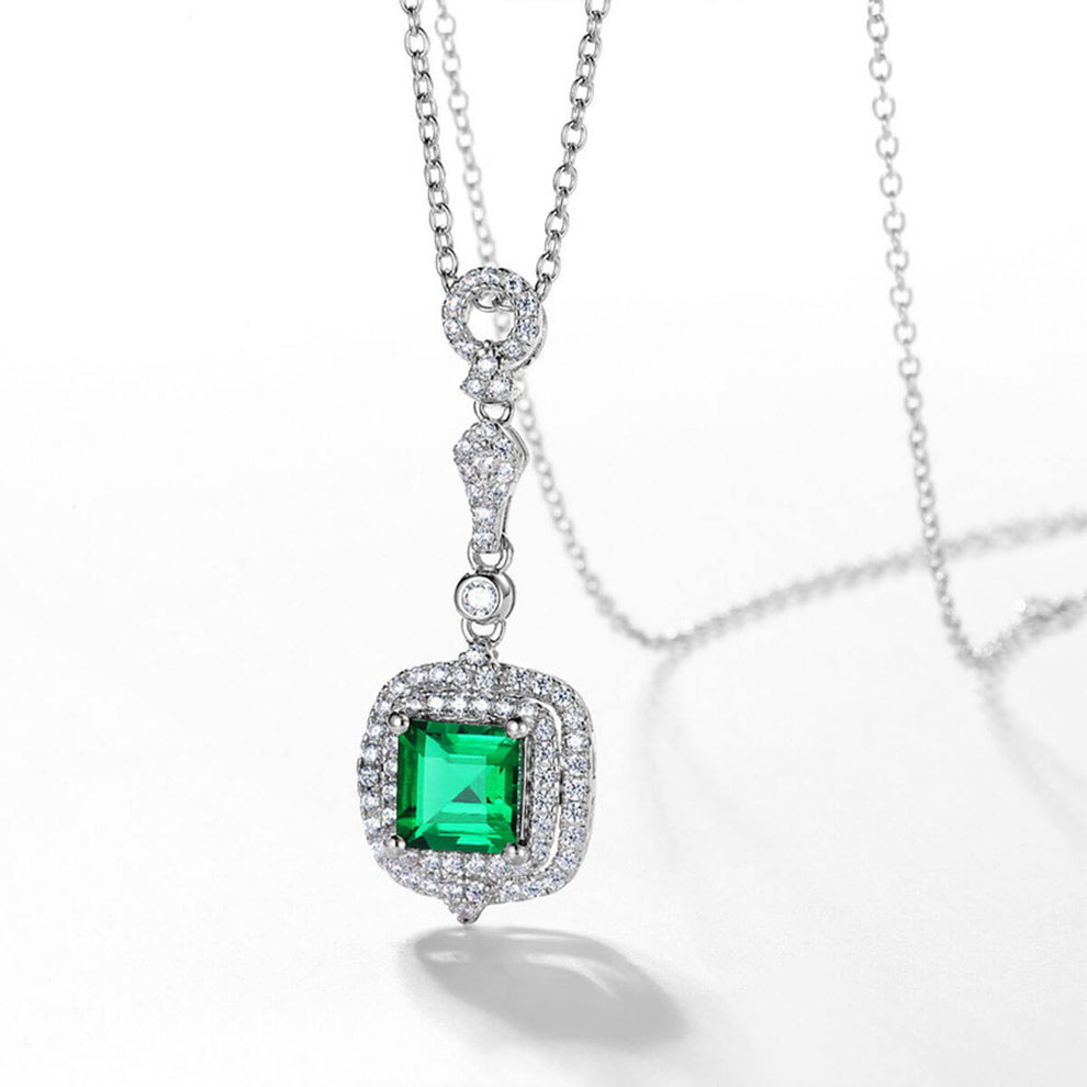 Women's Sterling Silver White Gold Cushion Shape Double Halo Emerald Pendant