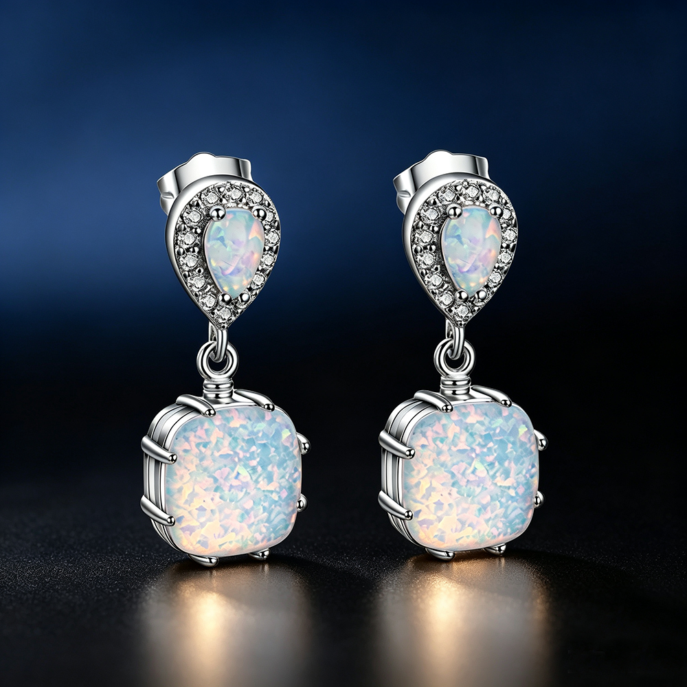 Women's White Gold Plated Teardrop Crystal Halo White Opal Square Dangle Earrings