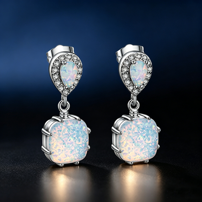 Women's White Gold Plated Teardrop Crystal Halo White Opal Square Dangle Earrings