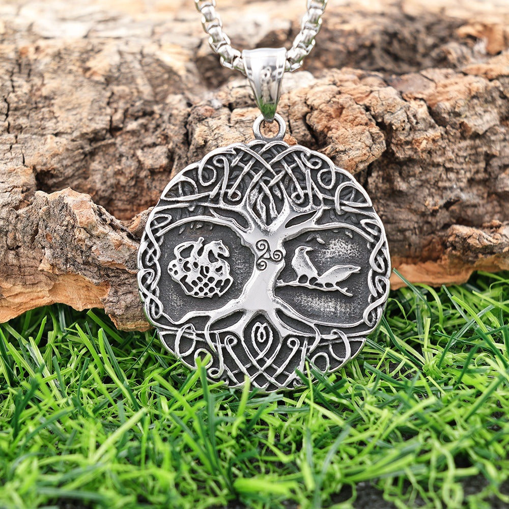 Men's Steel Tree of Life Round Pendant Necklace