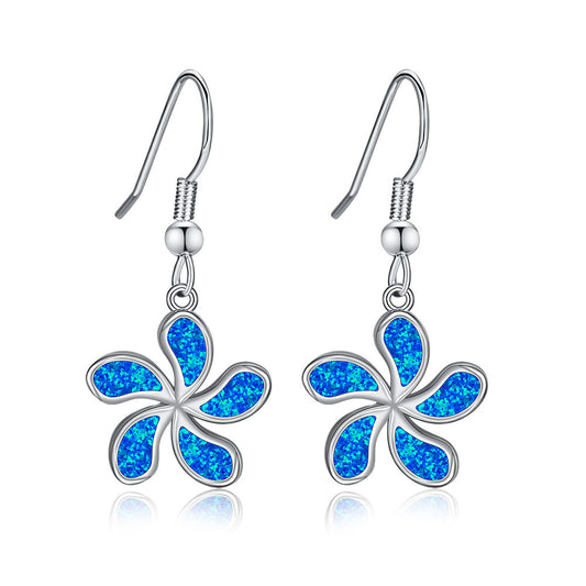 Women's Five‑Petal Flower Blue Opal Fish Hook Dangle Earrings, with White Gold Plating