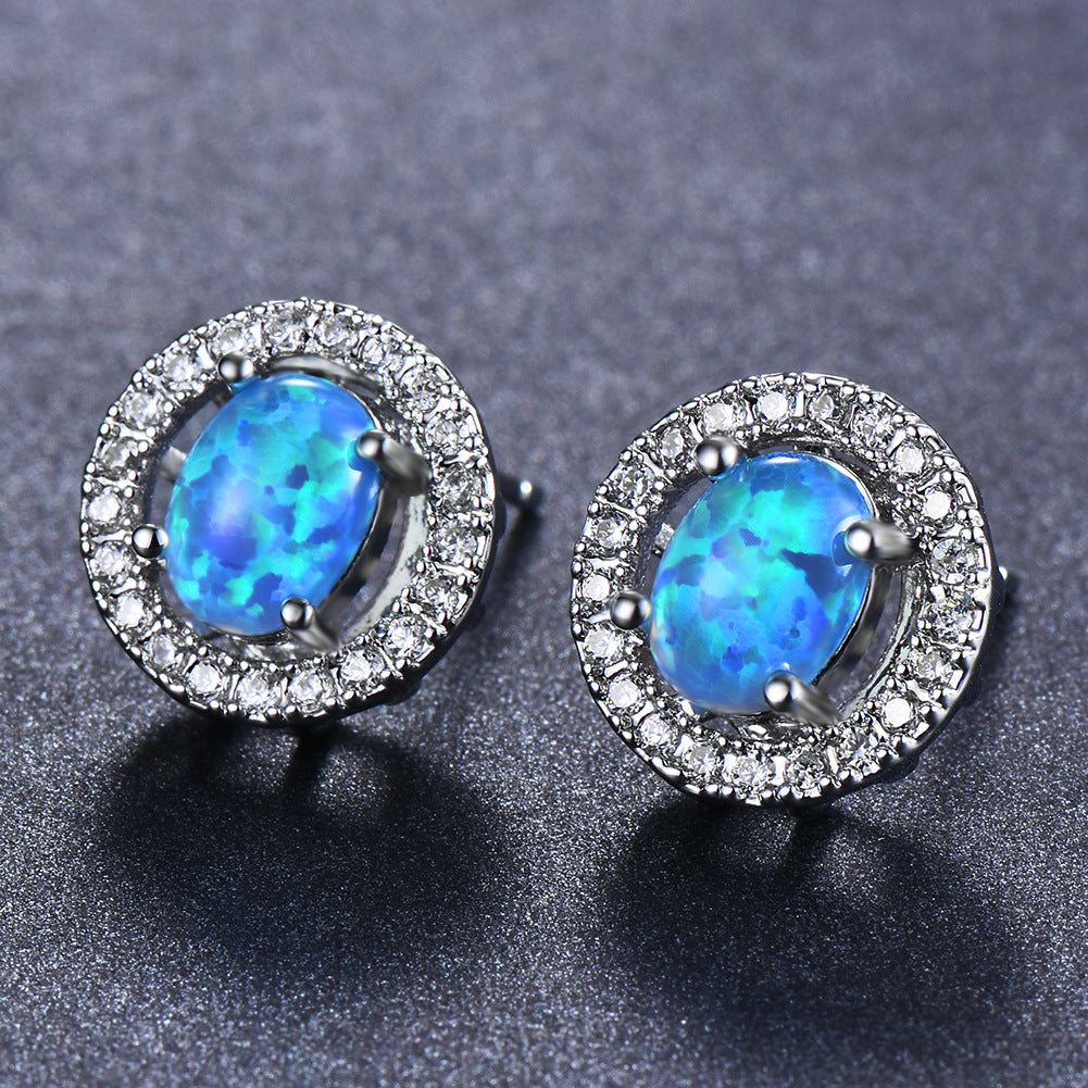 Women's Oval Halo Round Zirconia Stud Earrings, Inlaid with Blue Opal & White Opal, with White Gold Plating