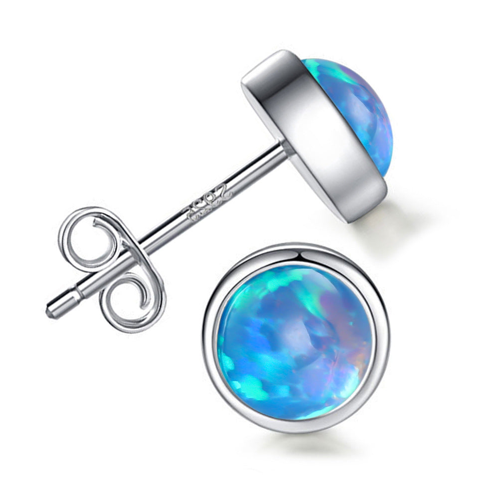 Women's Bezel‑Set Round Stud Earrings, Blue Opal / White Opal