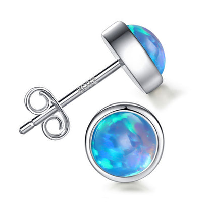 Women's Bezel‑Set Round Stud Earrings, Blue Opal / White Opal