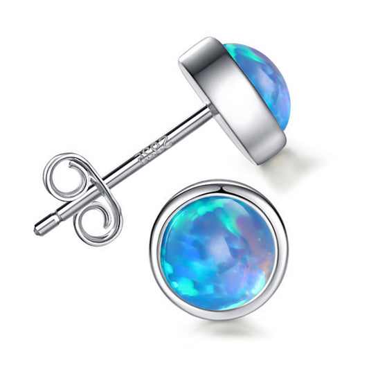 Women's Bezel‑Set Round Stud Earrings, Blue Opal / White Opal