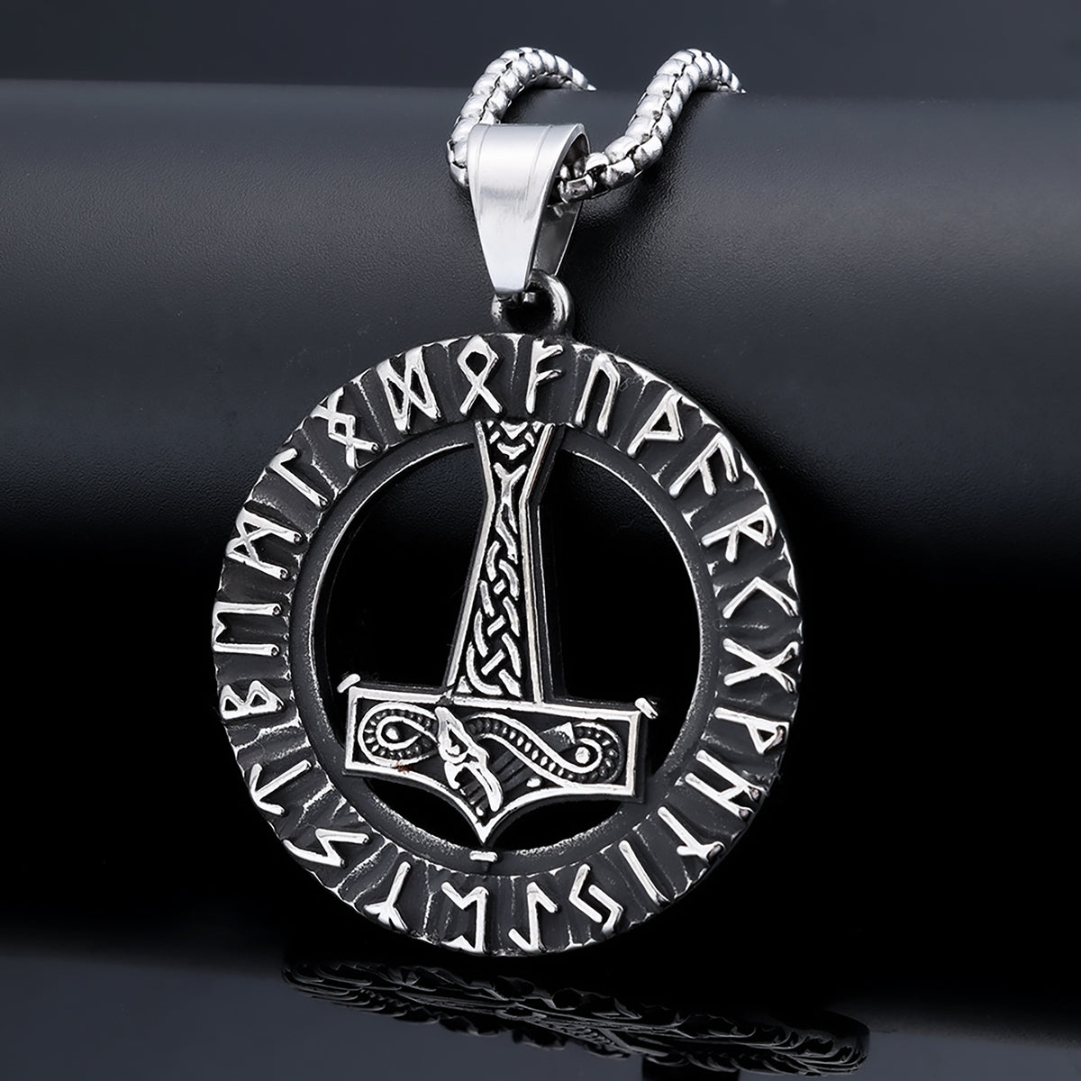 Men's Steel Viking Runes Mjolnir Round Pendant Necklace