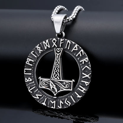 Men's Steel Viking Runes Mjolnir Round Pendant Necklace