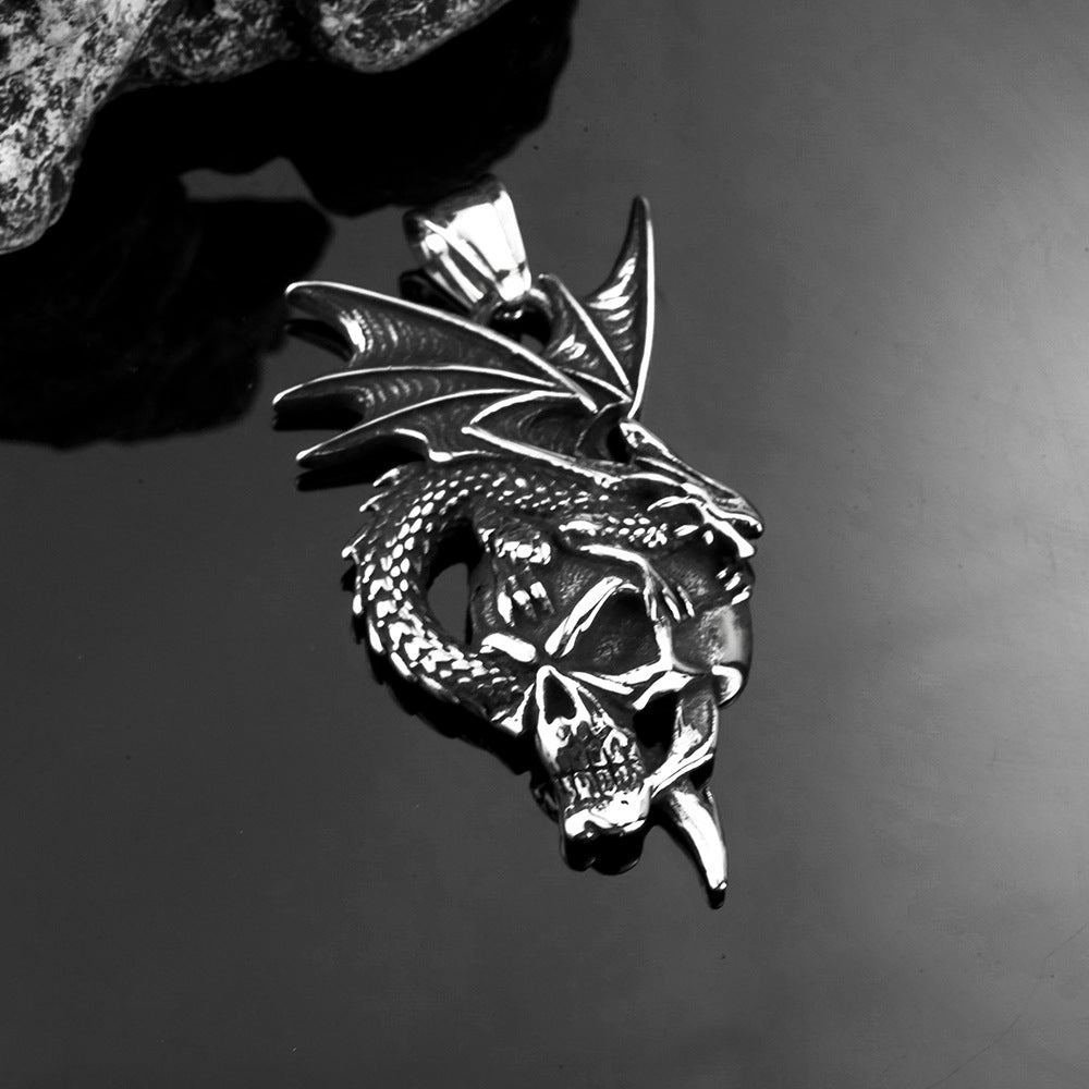 Vintage Stainless Steel Dragon & Skull Pendant Necklace for Men