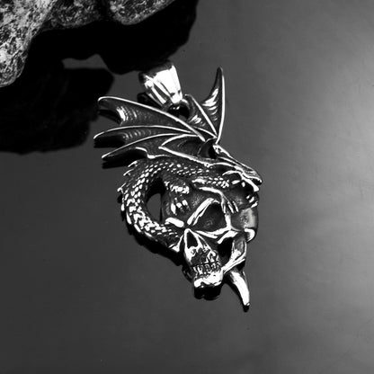 Vintage Stainless Steel Dragon & Skull Pendant Necklace for Men