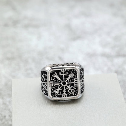 Vintage Nordic Solid Stainless Steel Tree of Life Compass Square Signet Ring for Men