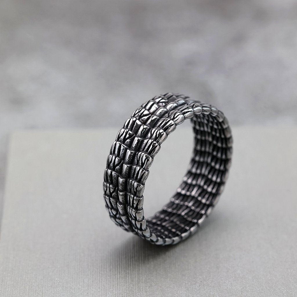 Vintage Solid Stainless Steel Slim Narrow Dragon Pattern Band Ring for Men