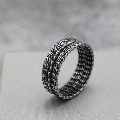 Vintage Solid Stainless Steel Slim Narrow Dragon Pattern Band Ring for Men
