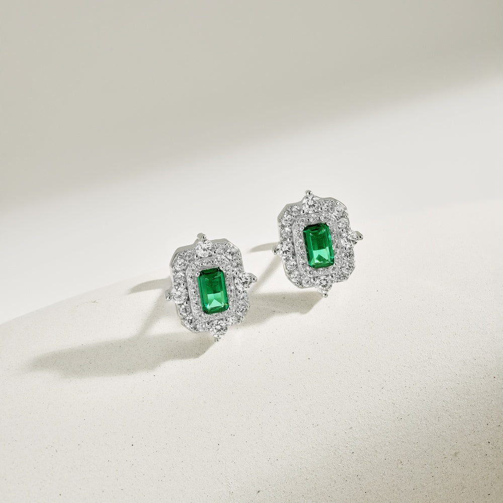 Women's Vintage Double Halo Stud Earrings, Rectangle Emerald Center Stone, S925 with White Gold Plating