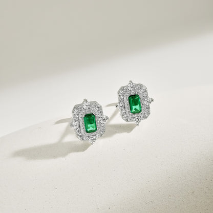 Women's Vintage Double Halo Stud Earrings, Rectangle Emerald Center Stone, S925 with White Gold Plating
