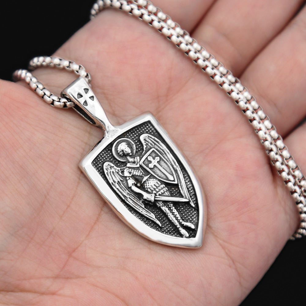 Men's Steel Archangel Shield Double Sided Pendant Necklace