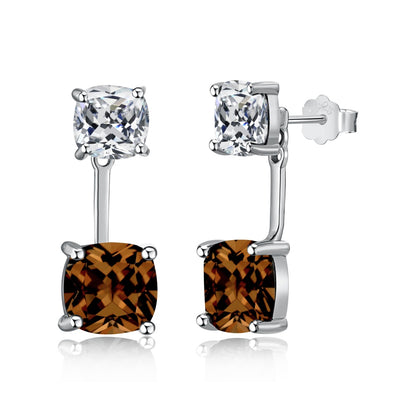 Women's 2‑Way Convertible Stud Earrings, Cushion‑Cut Coffee Zirconia, S925 with White Gold Plating