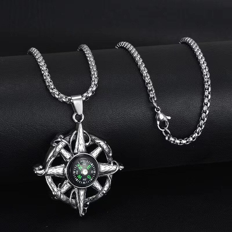 Men's Steel Compass Anchor Pendant Necklace
