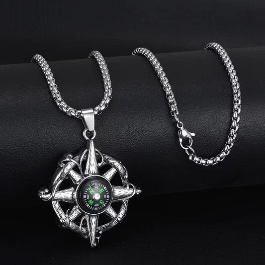 Men's Steel Compass Anchor Pendant Necklace