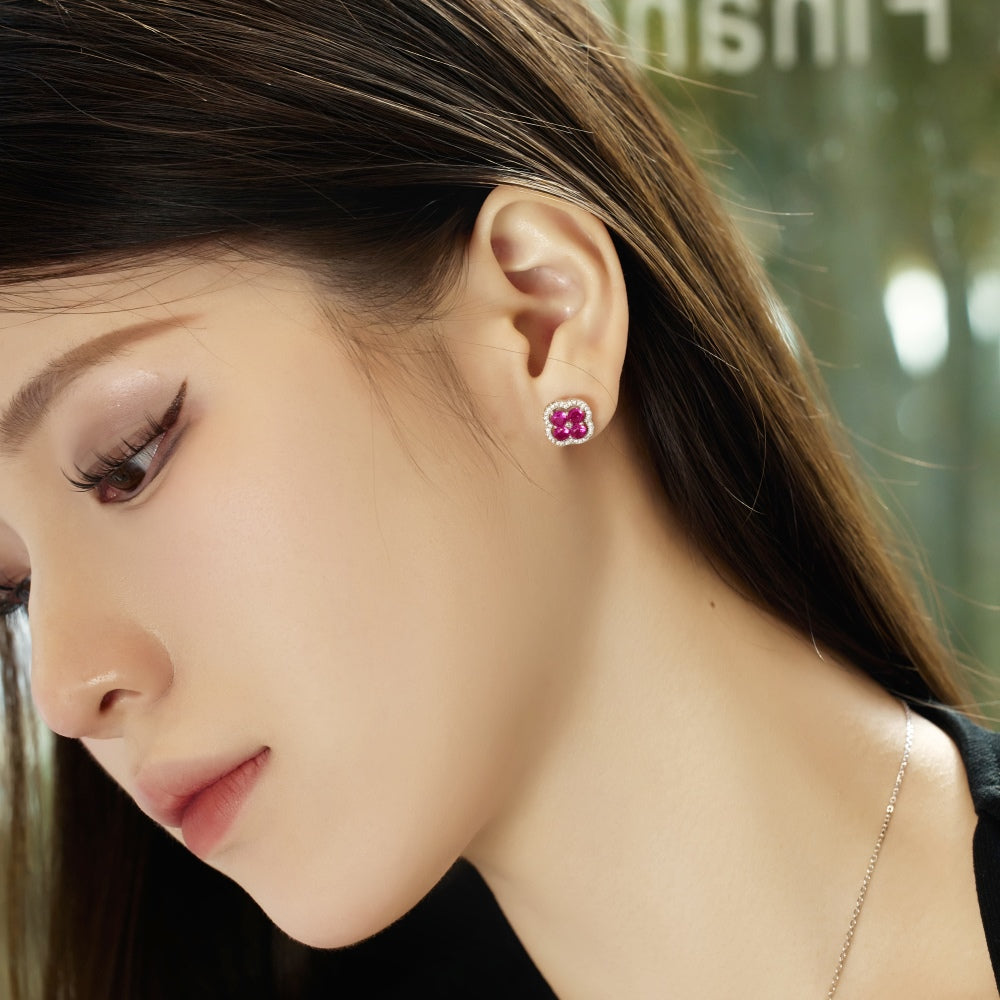 Women's Clover Halo Stud Earrings, Round Fuchsia Sapphire, S925 with White Gold Plating