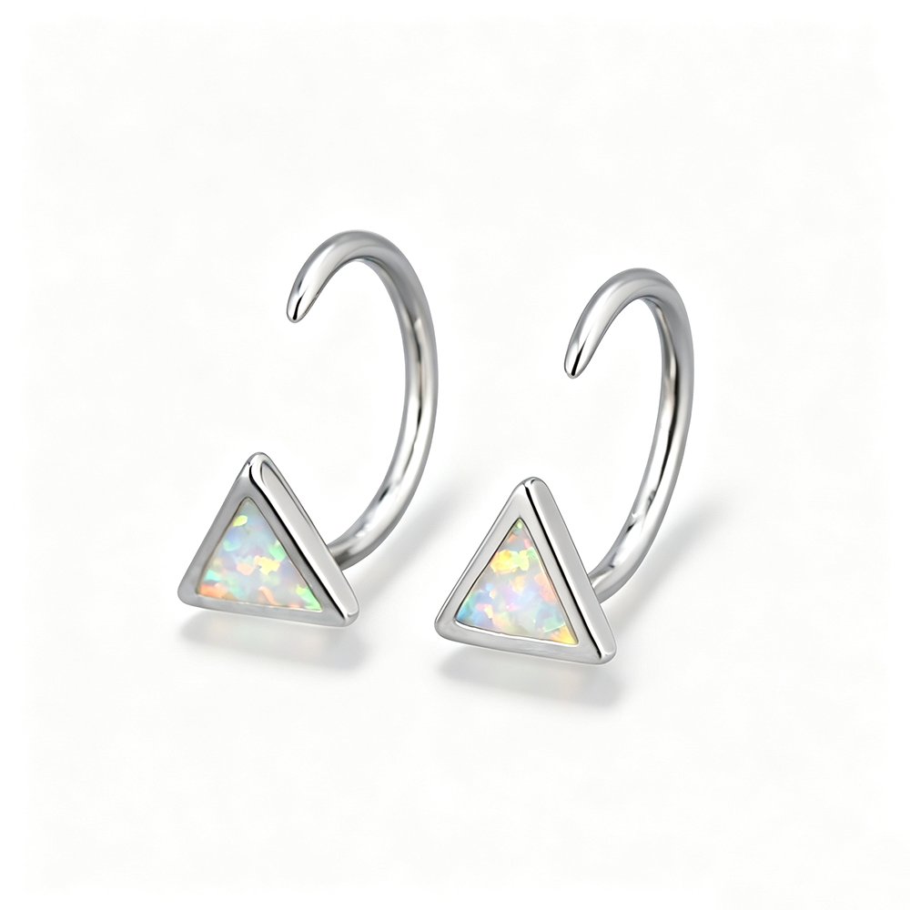 Women's Triangle Bezel Blue & White Opal C Hook Earrings, White Gold Plating