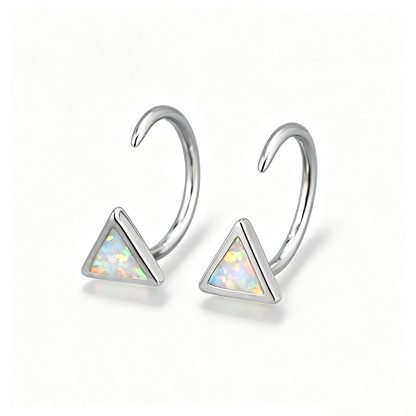 Women's Triangle Bezel Blue & White Opal C Hook Earrings, White Gold Plating