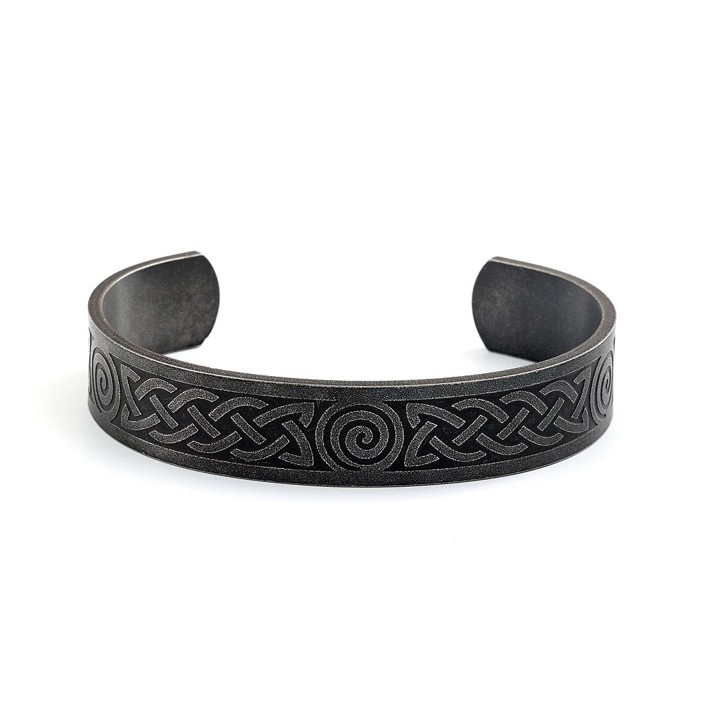 Men's Vintage Distressed Stainless Steel Cuff Bracelet, Nordic Viking Pirate Celtic Knot Open C Bangle