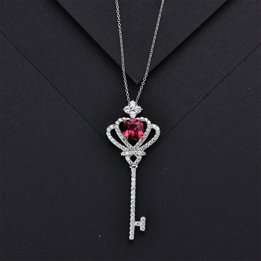Women's Sterling Silver Ruby Sapphire Key Shape Full Diamond Crown Pendant