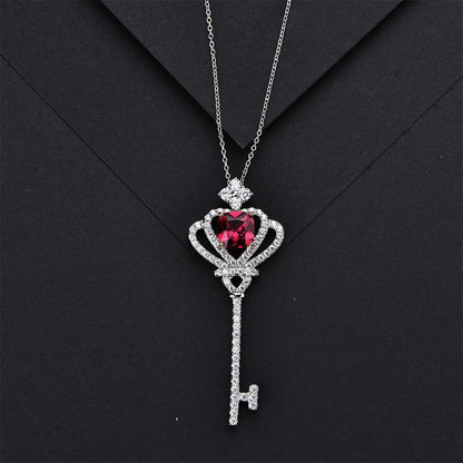 Women's Sterling Silver Ruby Sapphire Key Shape Full Diamond Crown Pendant