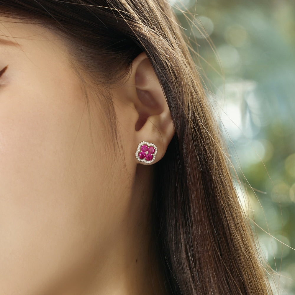 Women's Clover Halo Stud Earrings, Round Fuchsia Sapphire, S925 with White Gold Plating