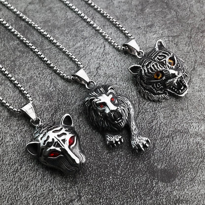 Vintage Stainless Steel Tiger Lion Leopard Pendant Necklace for Men