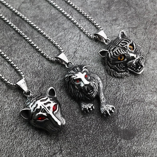 Vintage Stainless Steel Tiger Lion Leopard Pendant Necklace for Men