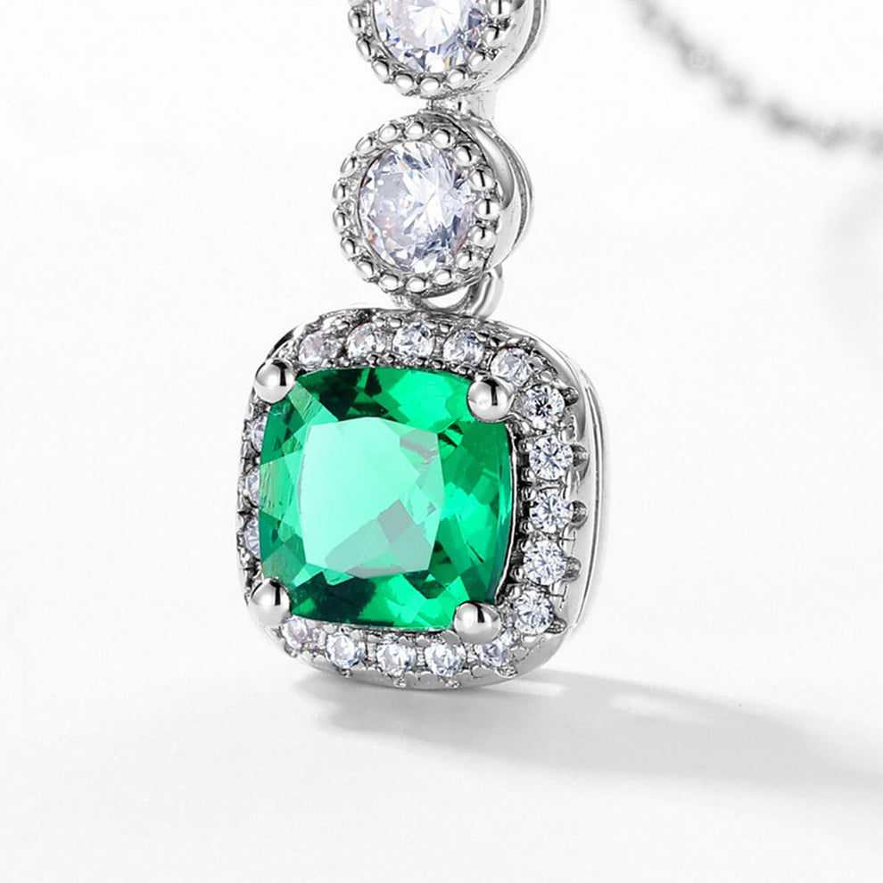 Women's Sterling Silver Triple Stones Cushion Shape Halo Emerald Pendant