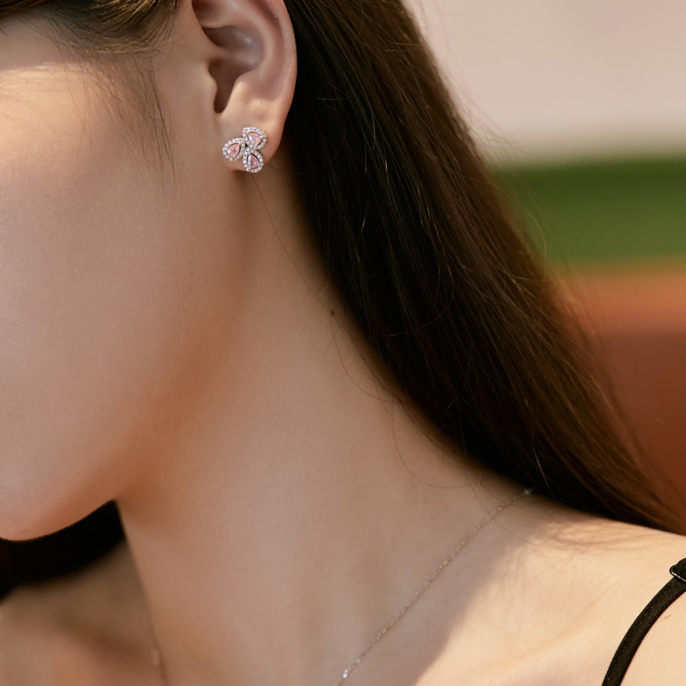 Women's Three‑Petal Flower Stud Earrings, Pear‑Shape Pink Sapphire with Zirconia Halo, S925 with White Gold Plating
