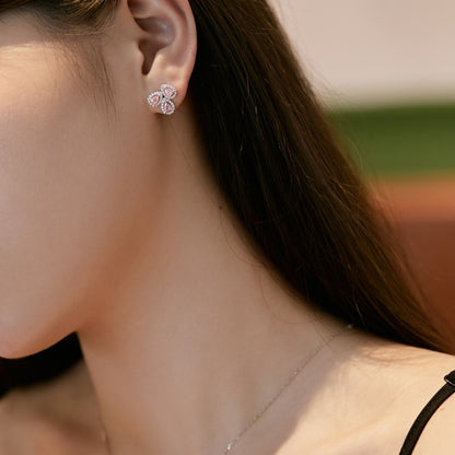 Women's Three‑Petal Flower Stud Earrings, Pear‑Shape Pink Sapphire with Zirconia Halo, S925 with White Gold Plating