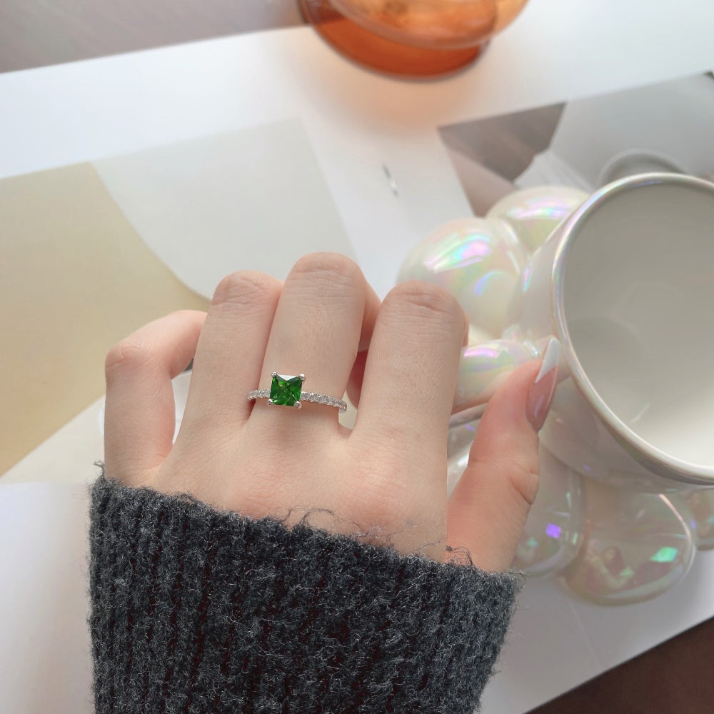 Women's Emerald Zirconia Four Prong Square Row Stone Ring, S925 with White Gold Plating