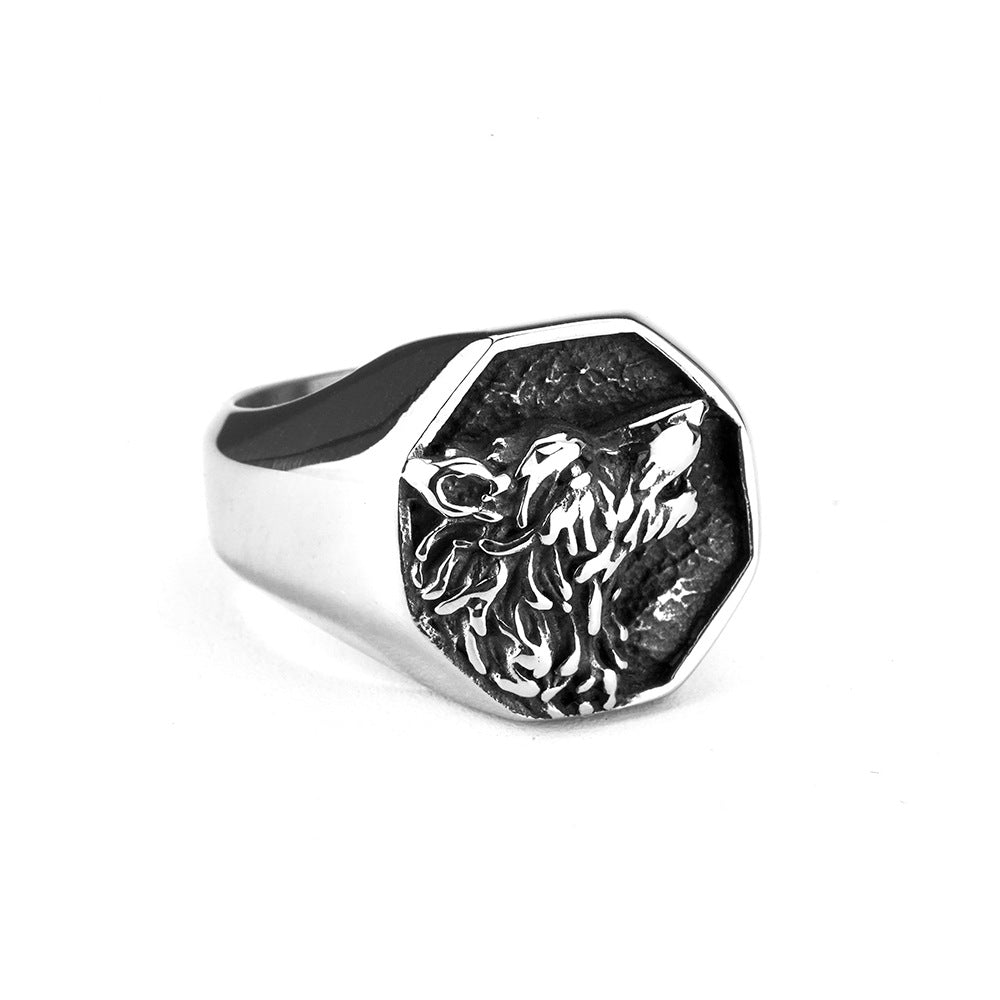 Vintage Solid Stainless Steel 3D Embossed Wolf Head Vegvisir Compass Signet Ring for Men