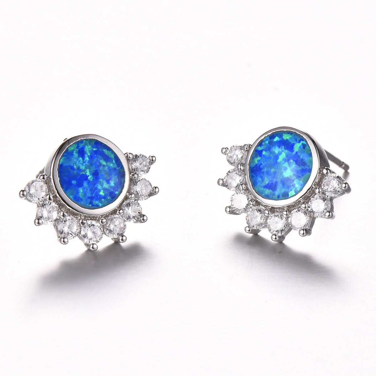 Women's Sunflower Halo White Opal With Color Sapphire Stud Earrings, White Gold Plating & Rose Gold Plating