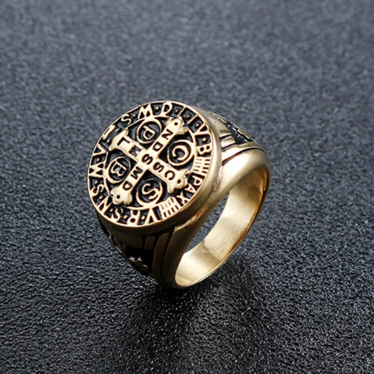 Vintage Gold Plated Stainless Steel Saint Benedict Exorcism Cross Round Signet Ring for Men