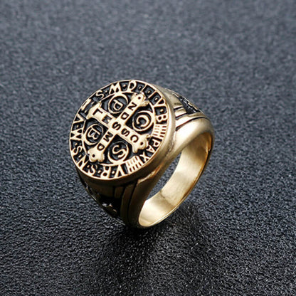 Vintage Gold Plated Stainless Steel Saint Benedict Exorcism Cross Round Signet Ring for Men