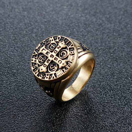 Vintage Gold Plated Stainless Steel Saint Benedict Exorcism Cross Round Signet Ring for Men