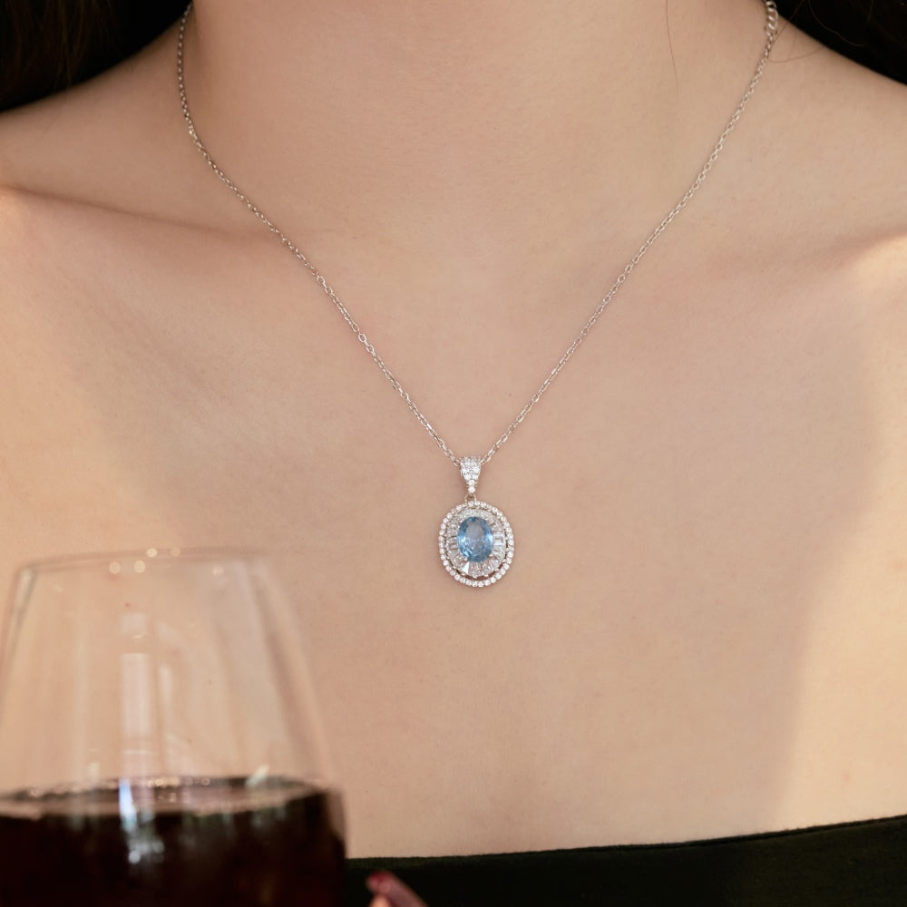 Women's Hollow Pendant Necklace, Inlaid Oval Blue Zirconia, S925 with White Gold Plating
