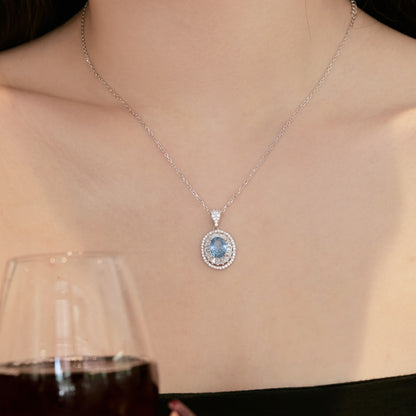 Women's Hollow Pendant Necklace, Inlaid Oval Blue Zirconia, S925 with White Gold Plating